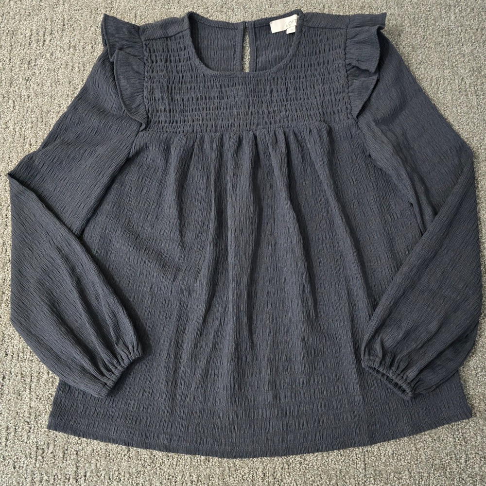 LOFT Womens Small Smocked Peasant Blouse Ruffle Shoulder Gray Boho Cottage‎